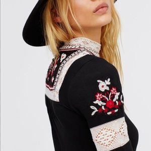 Free People Black Embroidered Long Sleeve Top